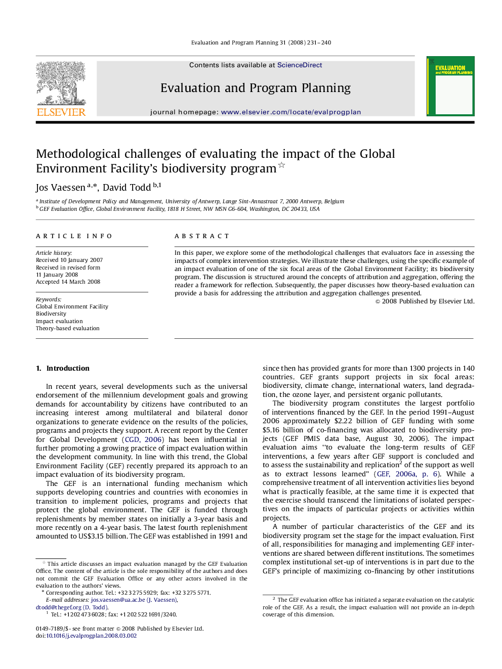 Methodological challenges of evaluating the impact of the Global Environment Facility's biodiversity program 