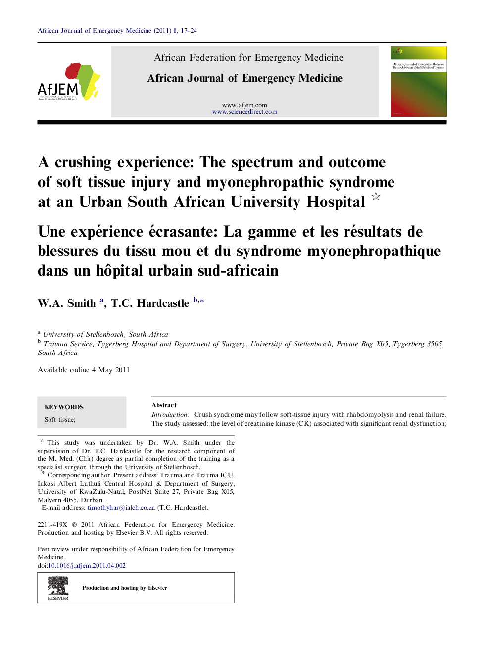 A crushing experience: The spectrum and outcome of soft tissue injury and myonephropathic syndrome at an Urban South African University Hospital *