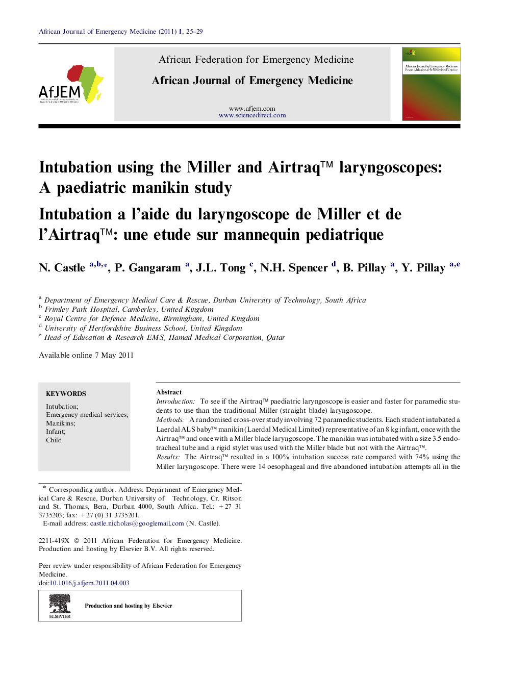 Intubation using the Miller and Airtraq™ laryngoscopes: A paediatric manikin study 