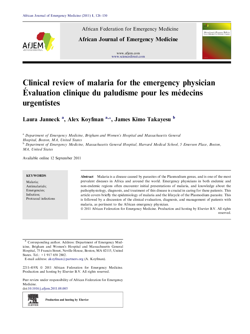 Clinical review of malaria for the emergency physician 