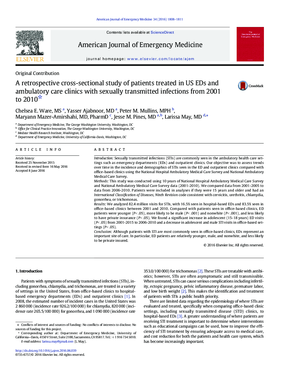 A retrospective cross-sectional study of patients treated in US EDs and ambulatory care clinics with sexually transmitted infections from 2001 to 2010 