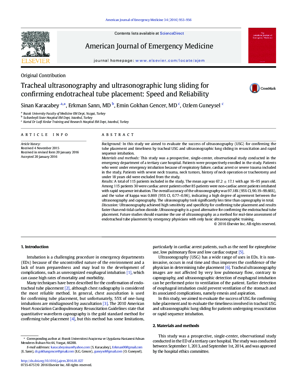 Tracheal ultrasonography and ultrasonographic lung sliding for confirming endotracheal tube placement: Speed and Reliability