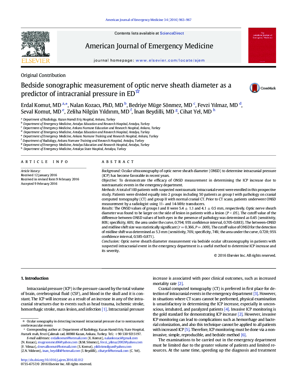 Bedside sonographic measurement of optic nerve sheath diameter as a predictor of intracranial pressure in ED 