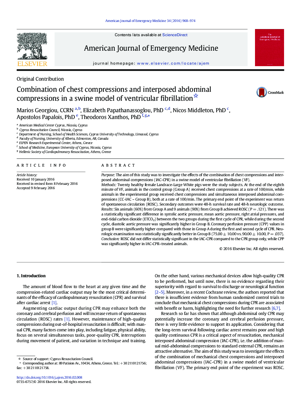 Combination of chest compressions and interposed abdominal compressions in a swine model of ventricular fibrillation 