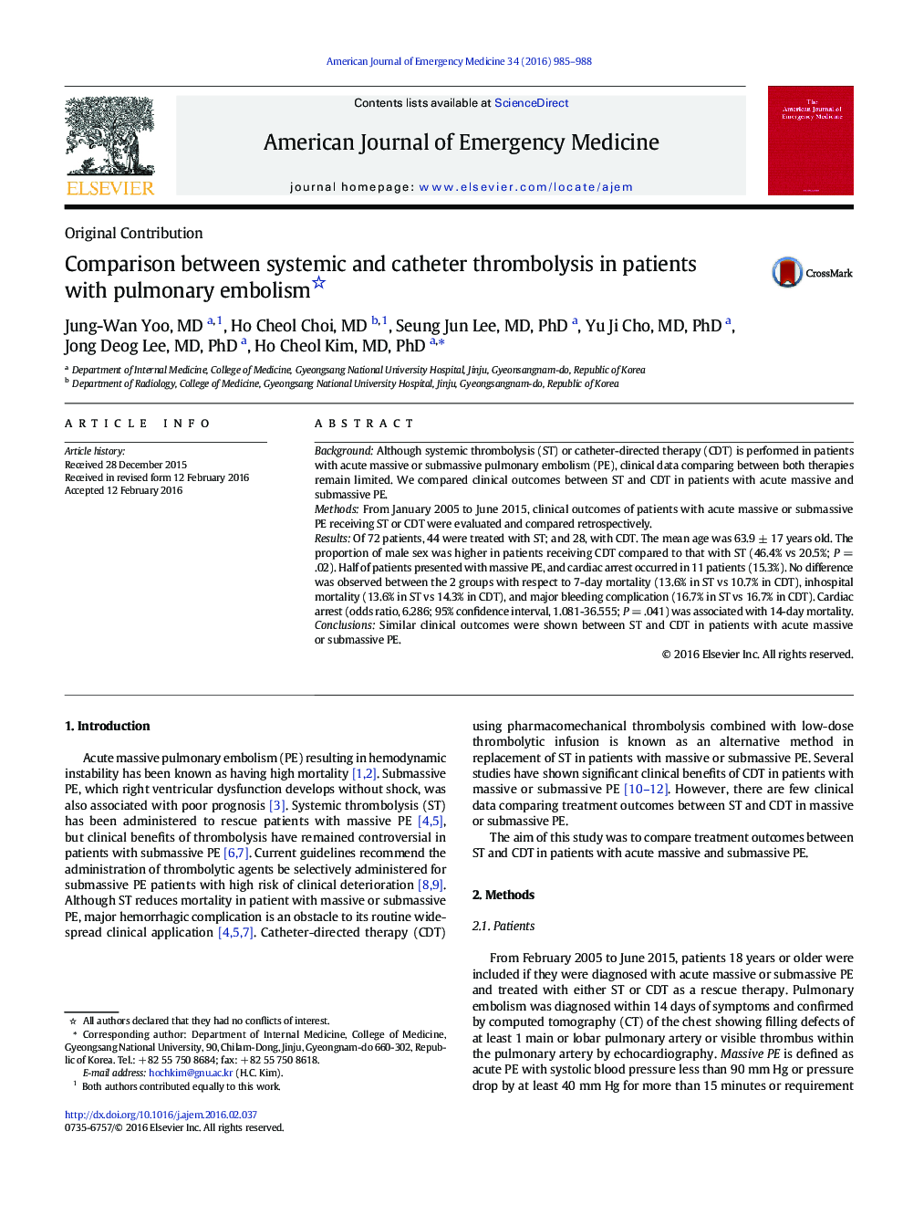 Comparison between systemic and catheter thrombolysis in patients with pulmonary embolism 