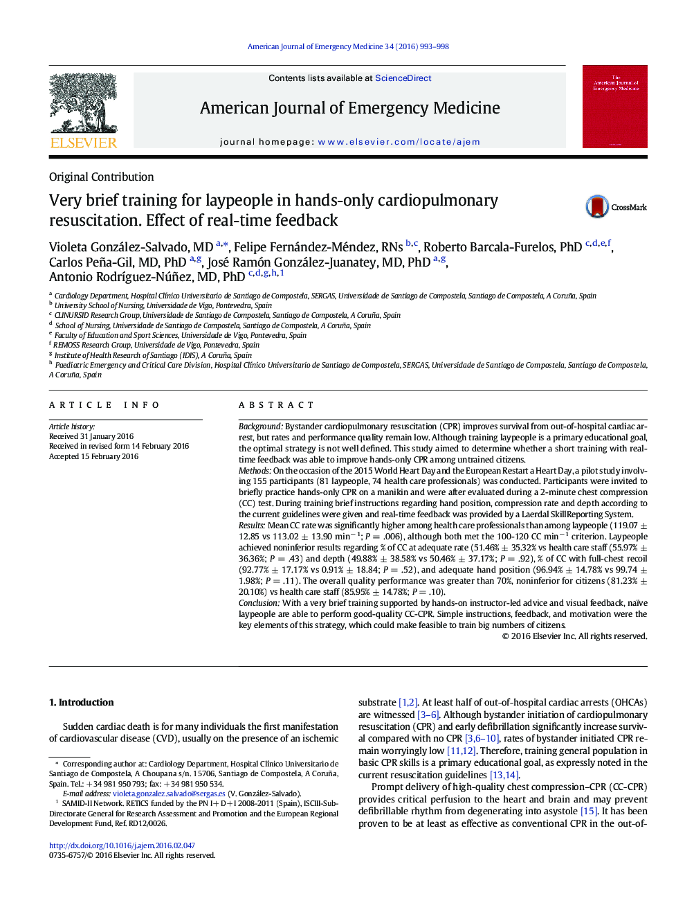 Very brief training for laypeople in hands-only cardiopulmonary resuscitation. Effect of real-time feedback