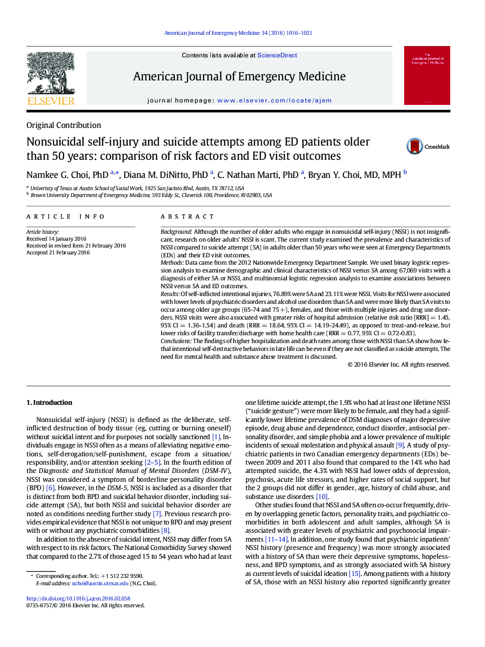 Nonsuicidal self-injury and suicide attempts among ED patients older than 50 years: comparison of risk factors and ED visit outcomes