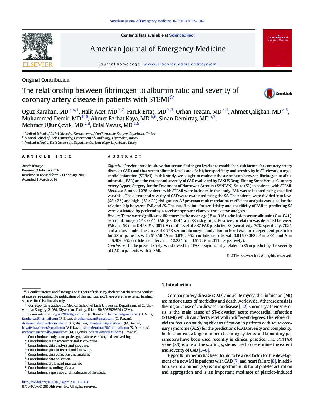 The relationship between fibrinogen to albumin ratio and severity of coronary artery disease in patients with STEMI 