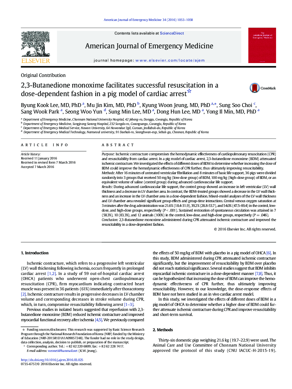 2,3-Butanedione monoxime facilitates successful resuscitation in a dose-dependent fashion in a pig model of cardiac arrest 