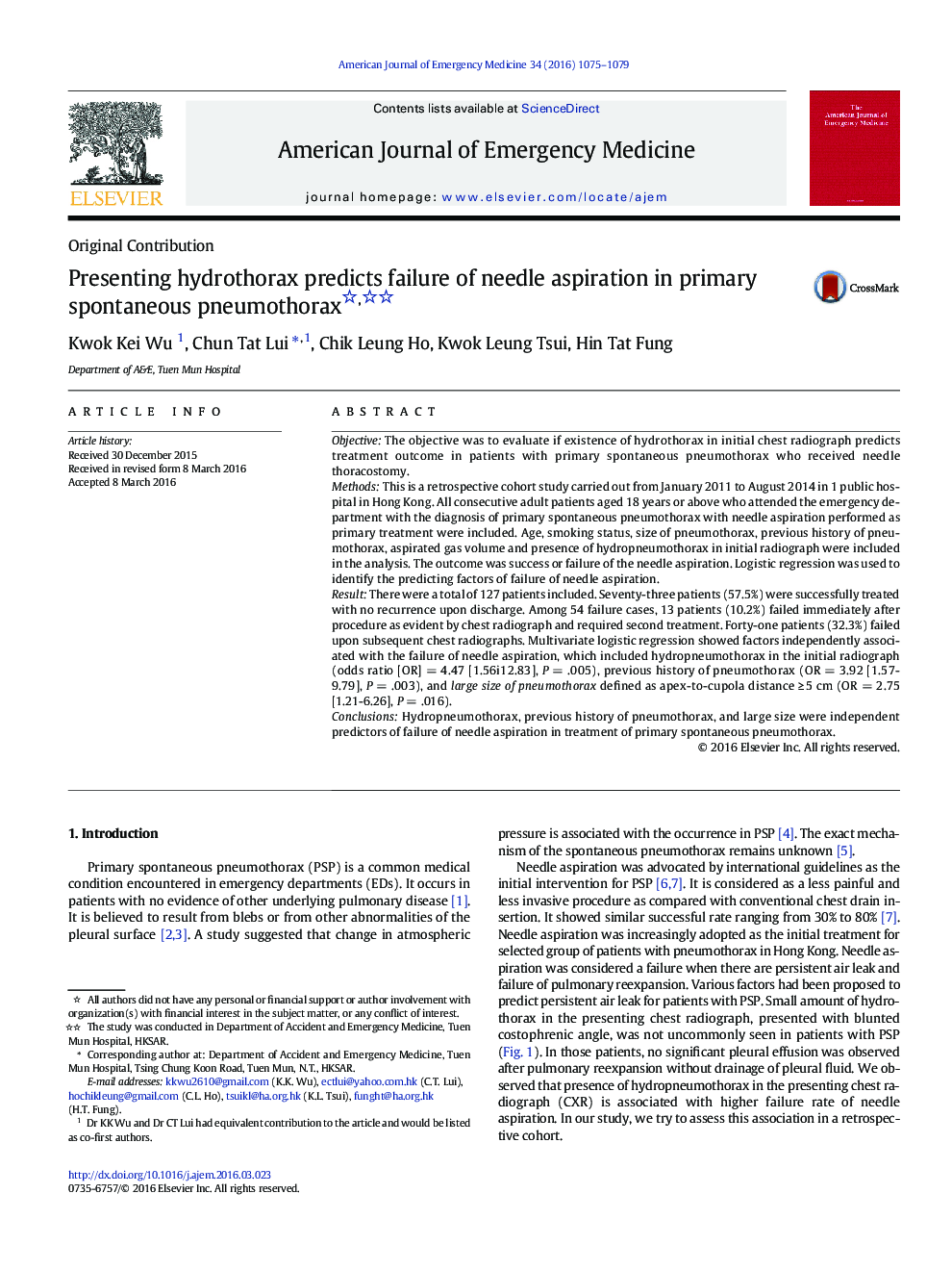 Presenting hydrothorax predicts failure of needle aspiration in primary spontaneous pneumothorax 