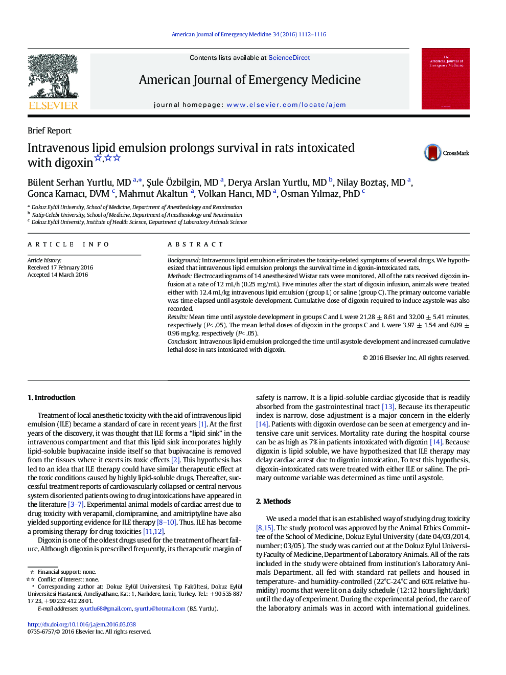 Intravenous lipid emulsion prolongs survival in rats intoxicated with digoxin 