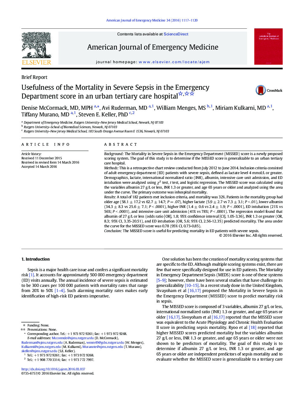 Usefulness of the Mortality in Severe Sepsis in the Emergency Department score in an urban tertiary care hospital 