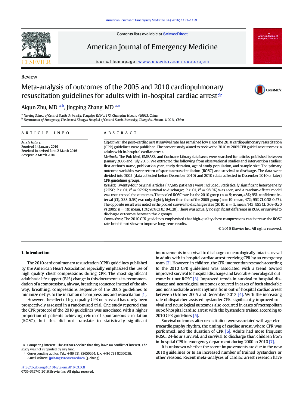 Meta-analysis of outcomes of the 2005 and 2010 cardiopulmonary resuscitation guidelines for adults with in-hospital cardiac arrest 