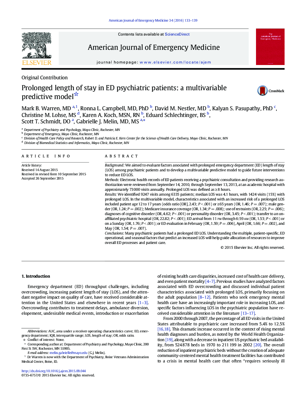 Prolonged length of stay in ED psychiatric patients: a multivariable predictive model 