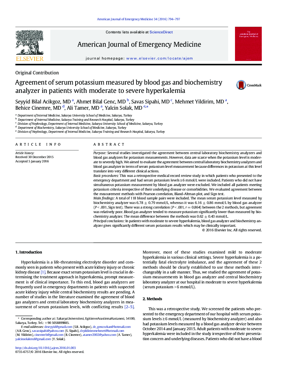 Agreement of serum potassium measured by blood gas and biochemistry analyzer in patients with moderate to severe hyperkalemia