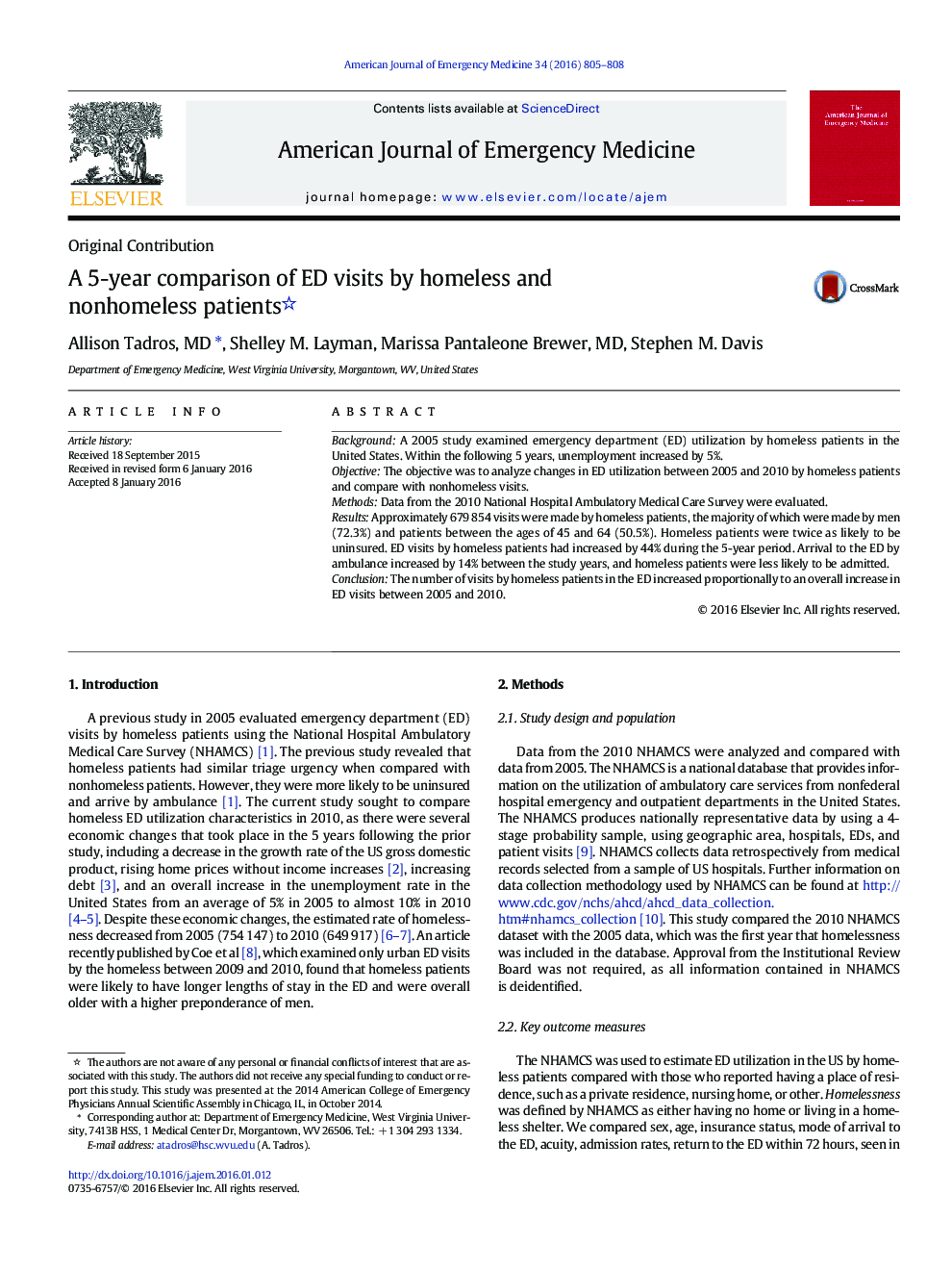 A 5-year comparison of ED visits by homeless and nonhomeless patients 