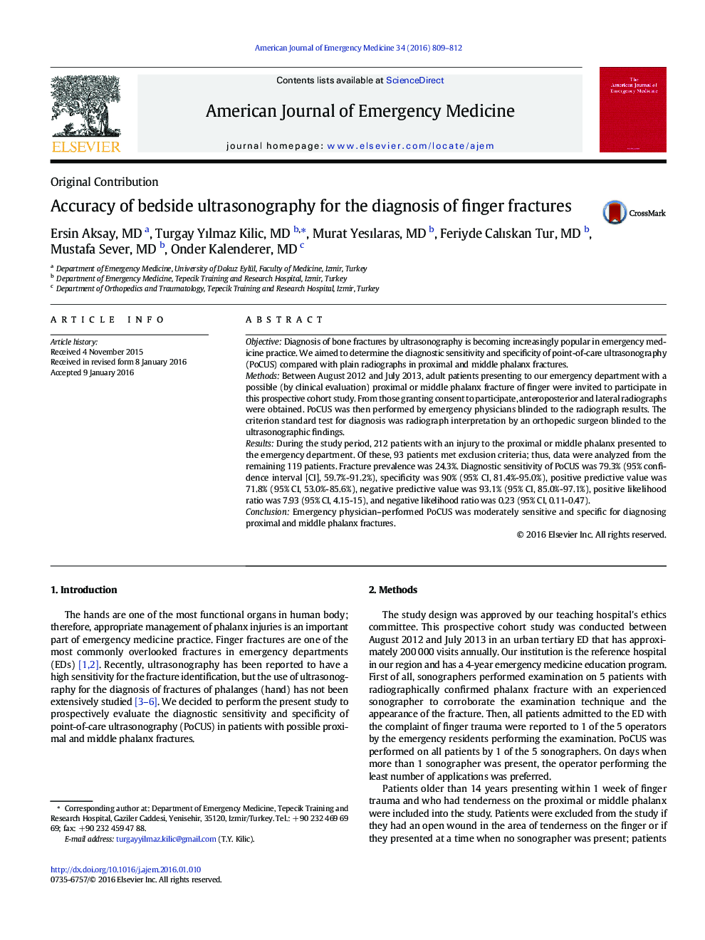 Accuracy of bedside ultrasonography for the diagnosis of finger fractures