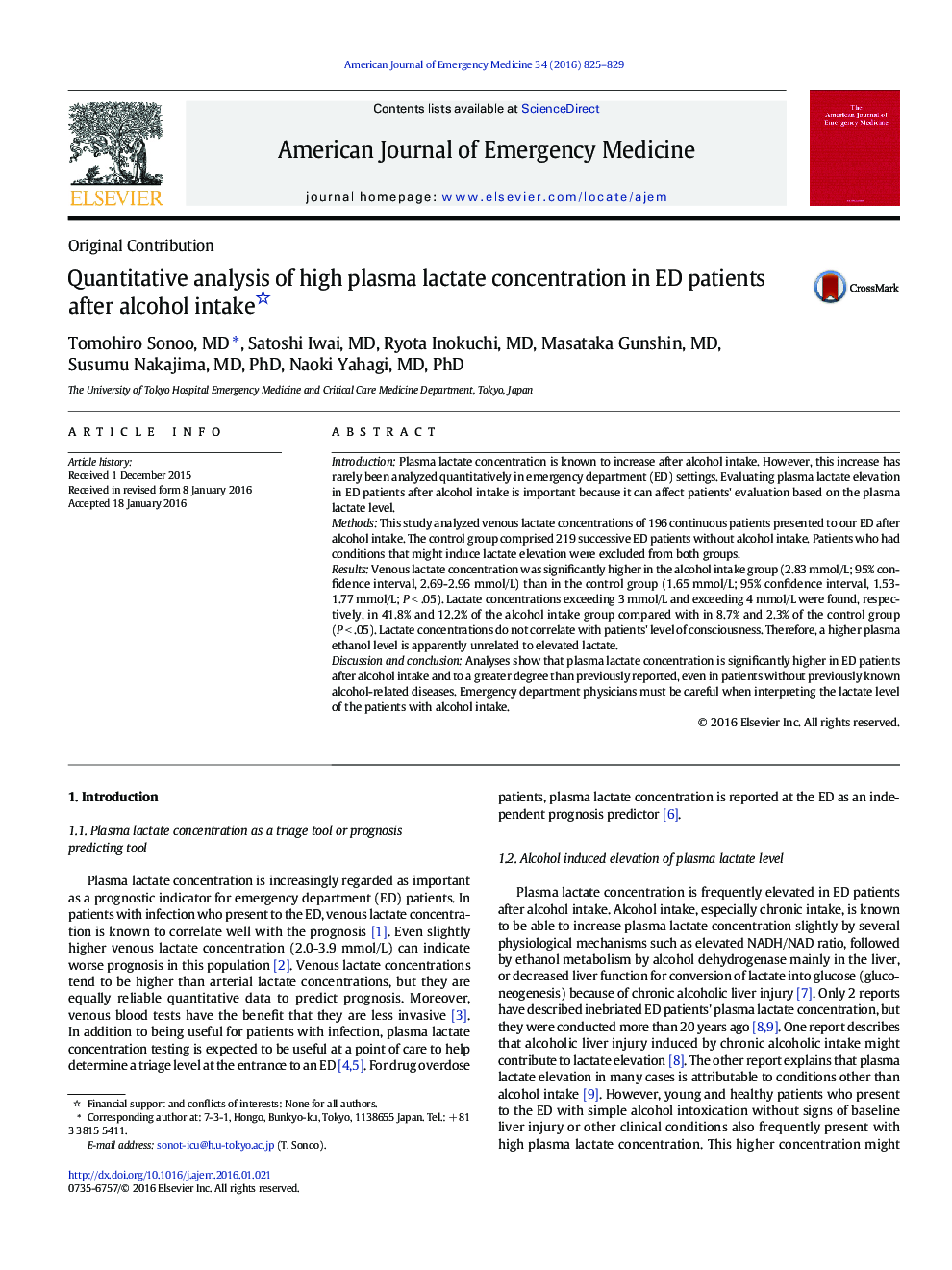 Quantitative analysis of high plasma lactate concentration in ED patients after alcohol intake 