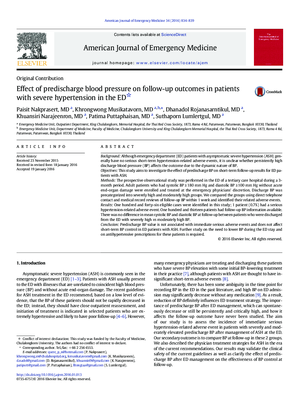 Effect of predischarge blood pressure on follow-up outcomes in patients with severe hypertension in the ED 