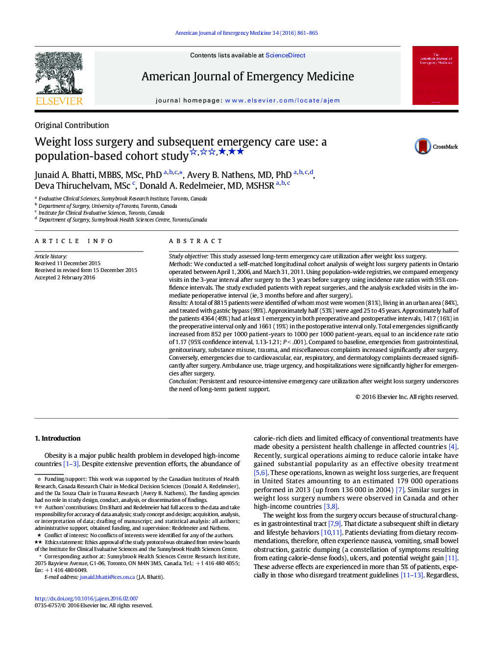 Weight loss surgery and subsequent emergency care use: a population-based cohort study ★★★