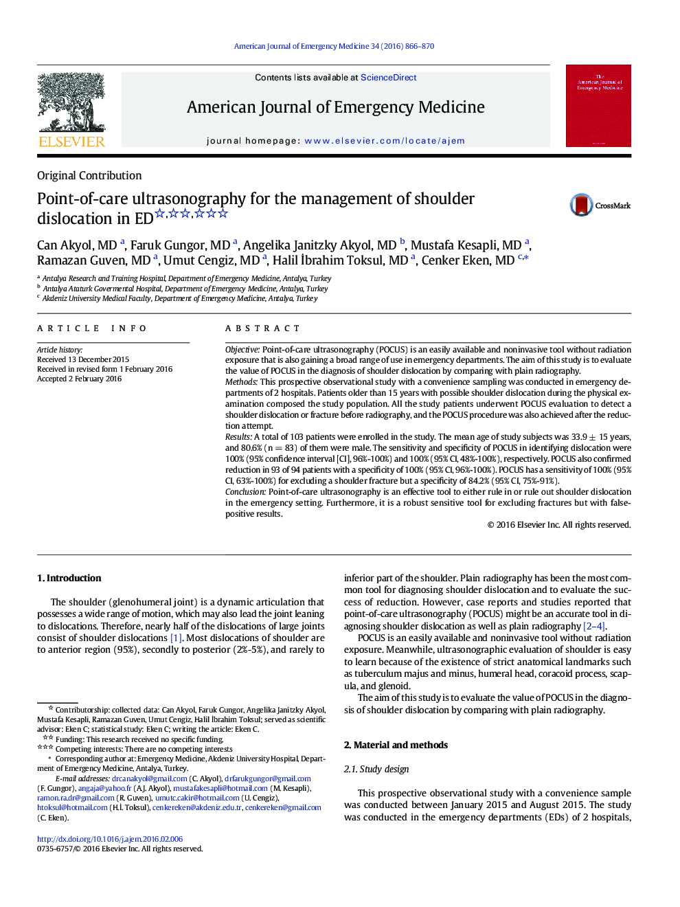 Point-of-care ultrasonography for the management of shoulder dislocation in ED 