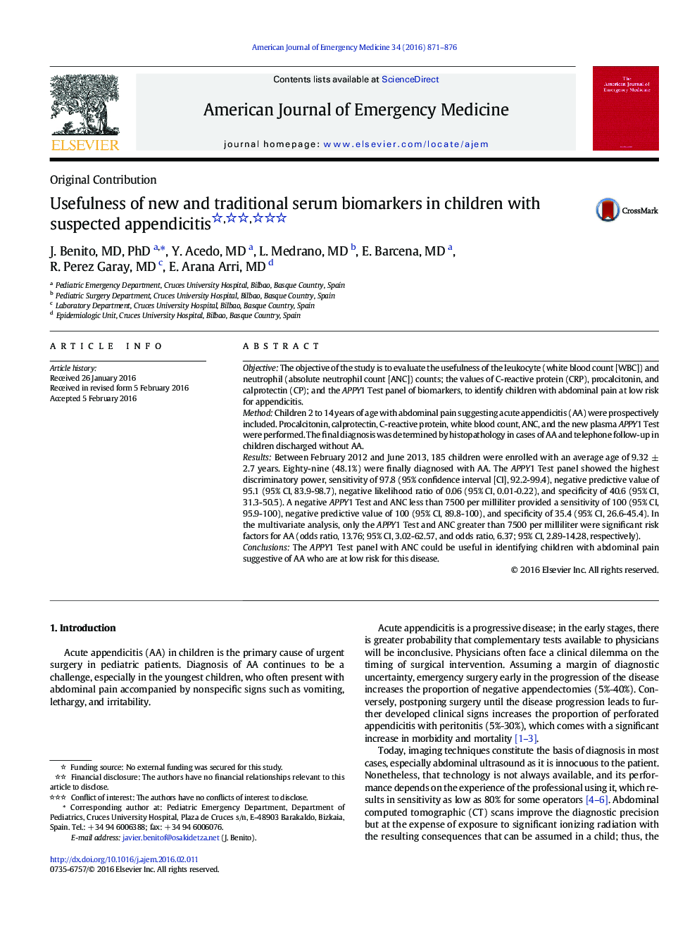 Usefulness of new and traditional serum biomarkers in children with suspected appendicitis 