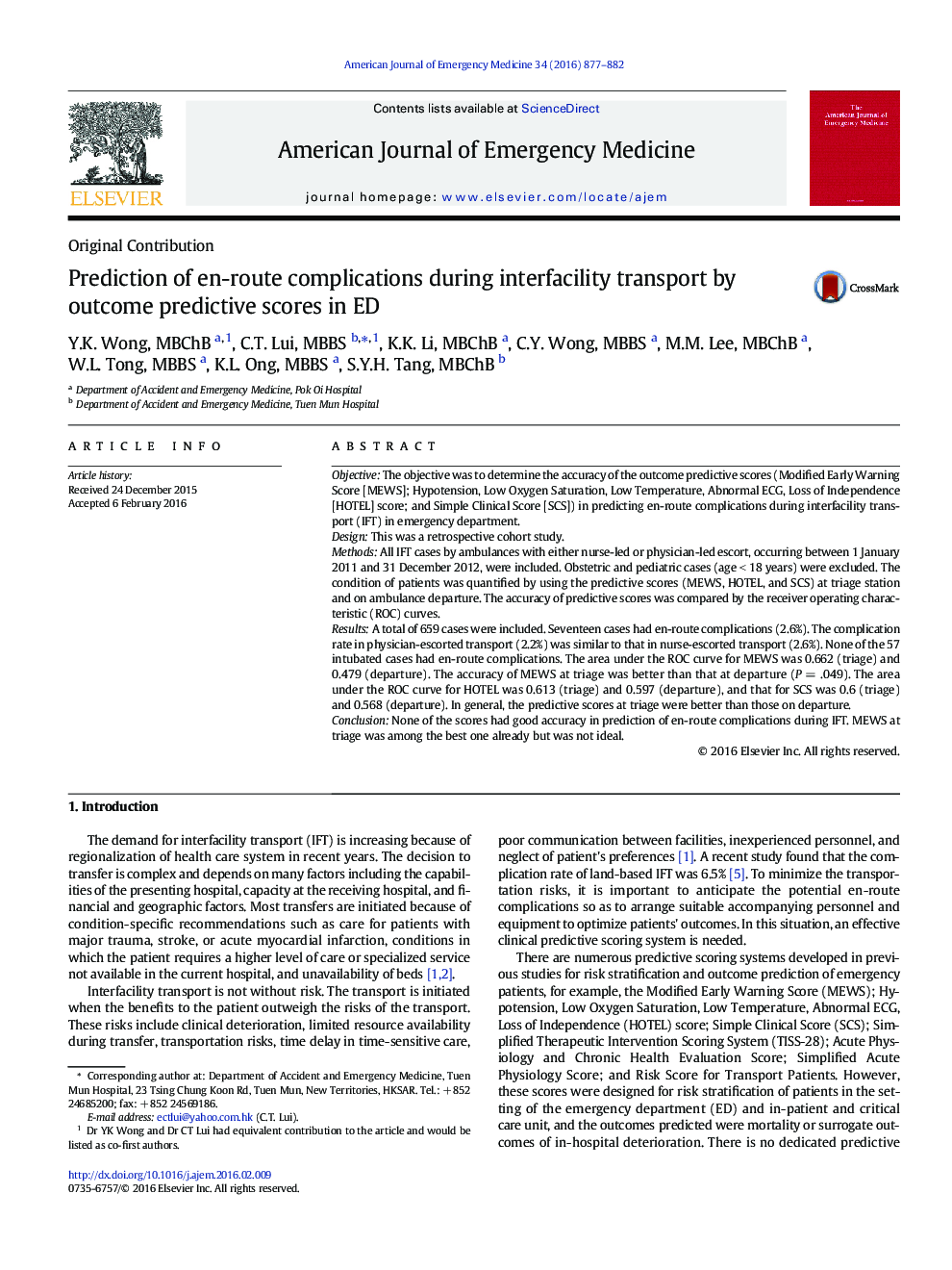 Prediction of en-route complications during interfacility transport by outcome predictive scores in ED