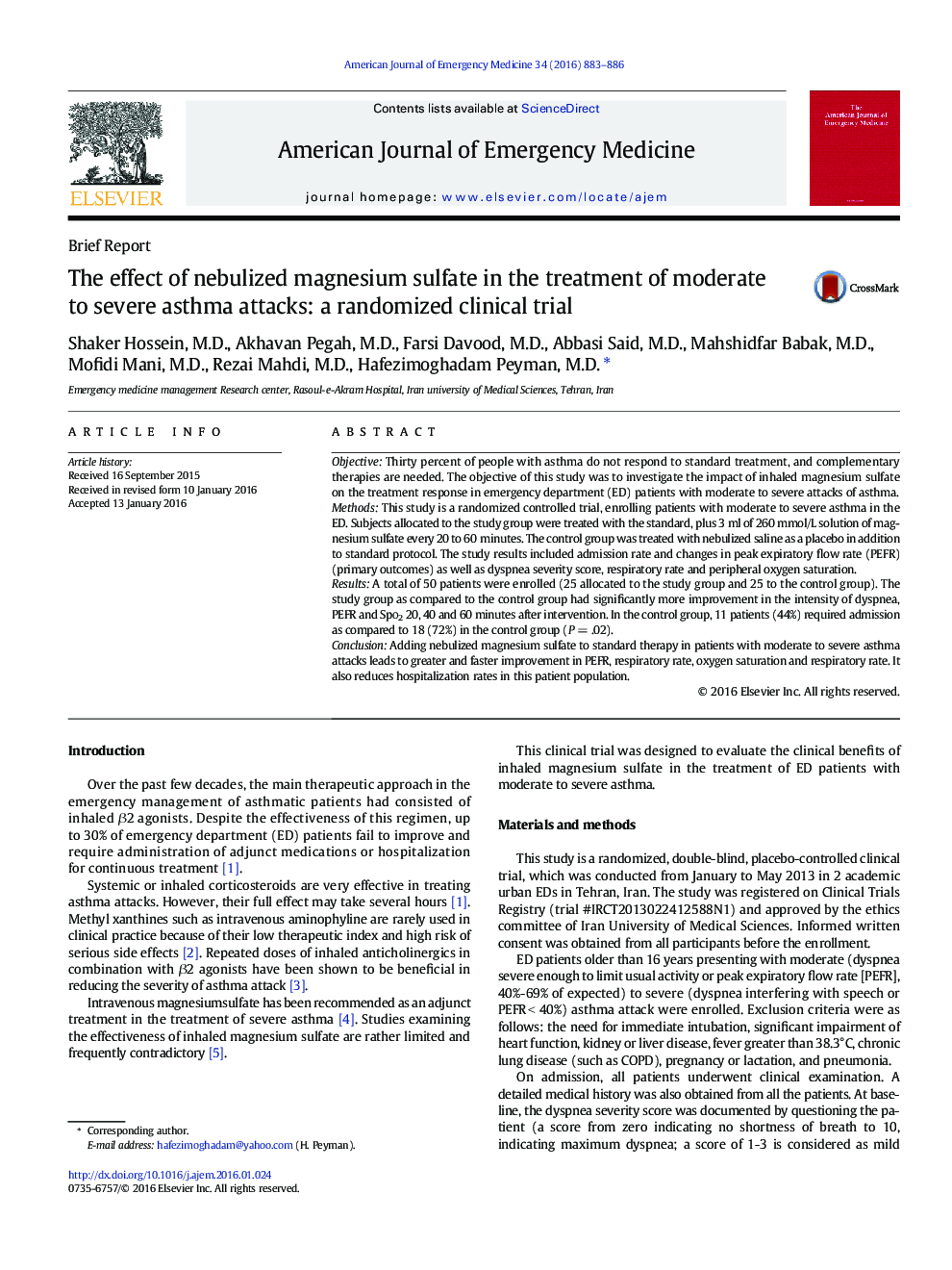 The effect of nebulized magnesium sulfate in the treatment of moderate to severe asthma attacks: a randomized clinical trial