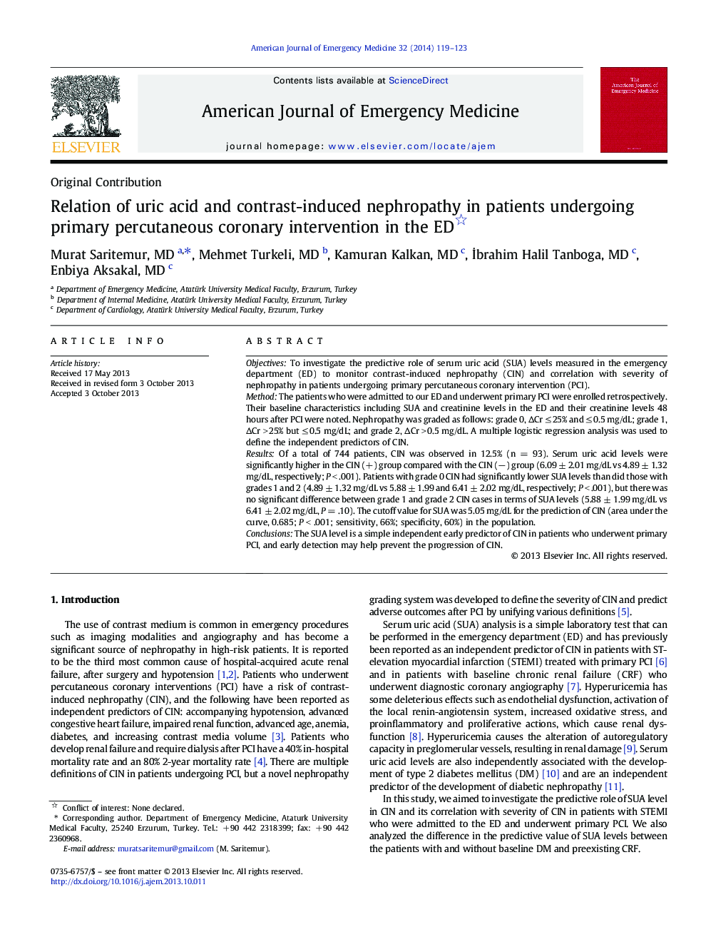 Relation of uric acid and contrast-induced nephropathy in patients undergoing primary percutaneous coronary intervention in the ED 