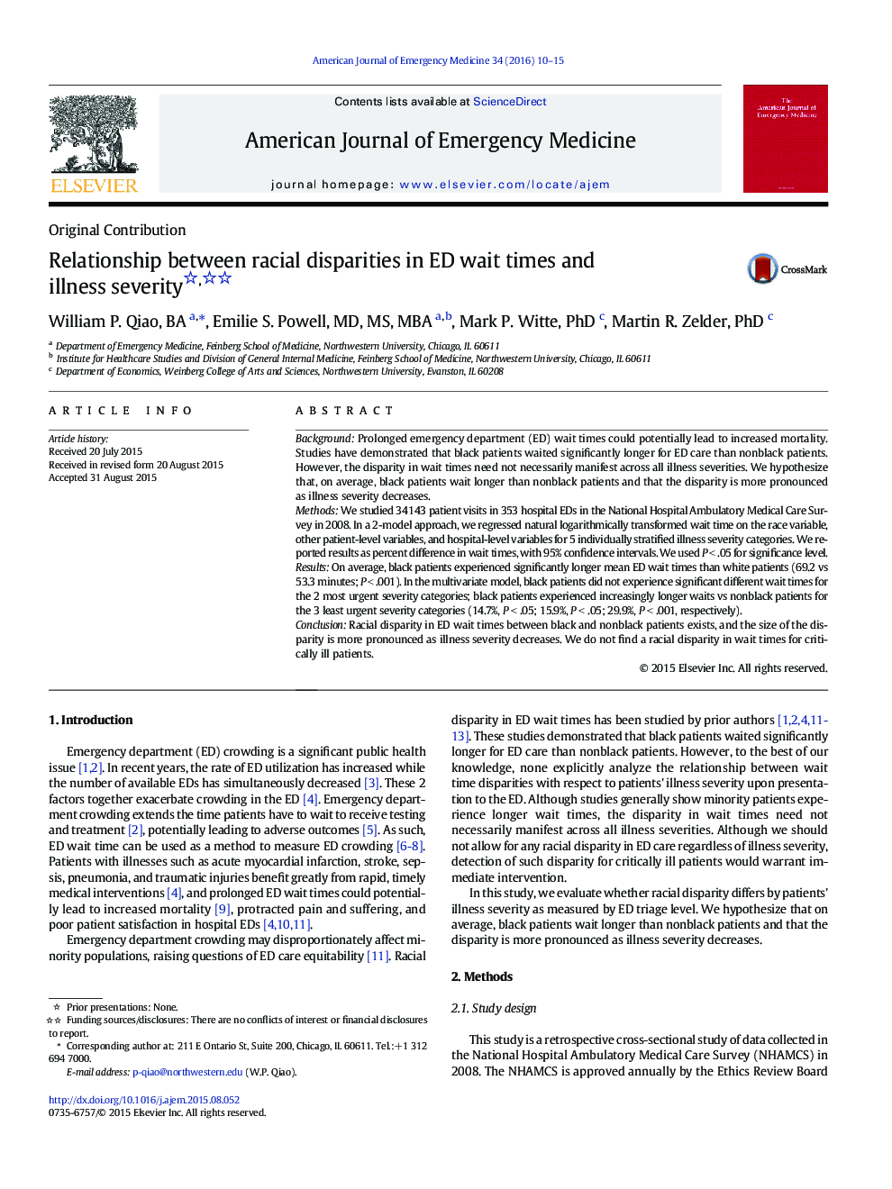 Relationship between racial disparities in ED wait times and illness severity 