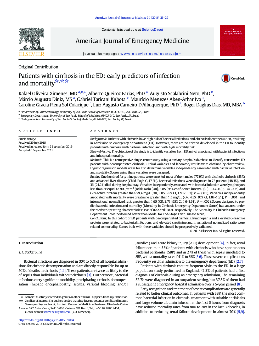 Patients with cirrhosis in the ED: early predictors of infection and mortality 