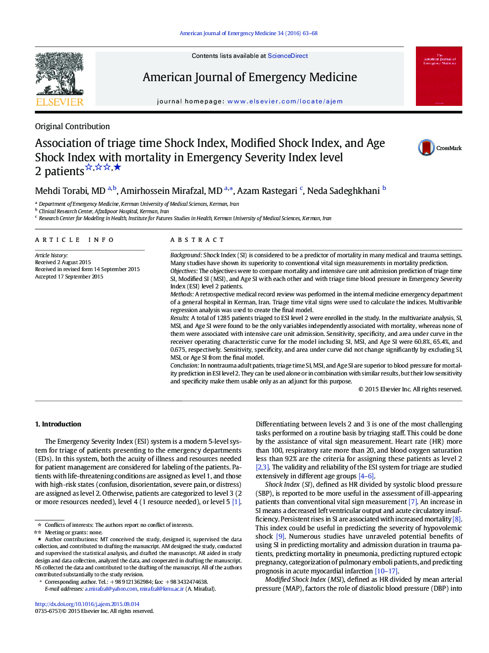 Association of triage time Shock Index, Modified Shock Index, and Age Shock Index with mortality in Emergency Severity Index level 2 patients ★