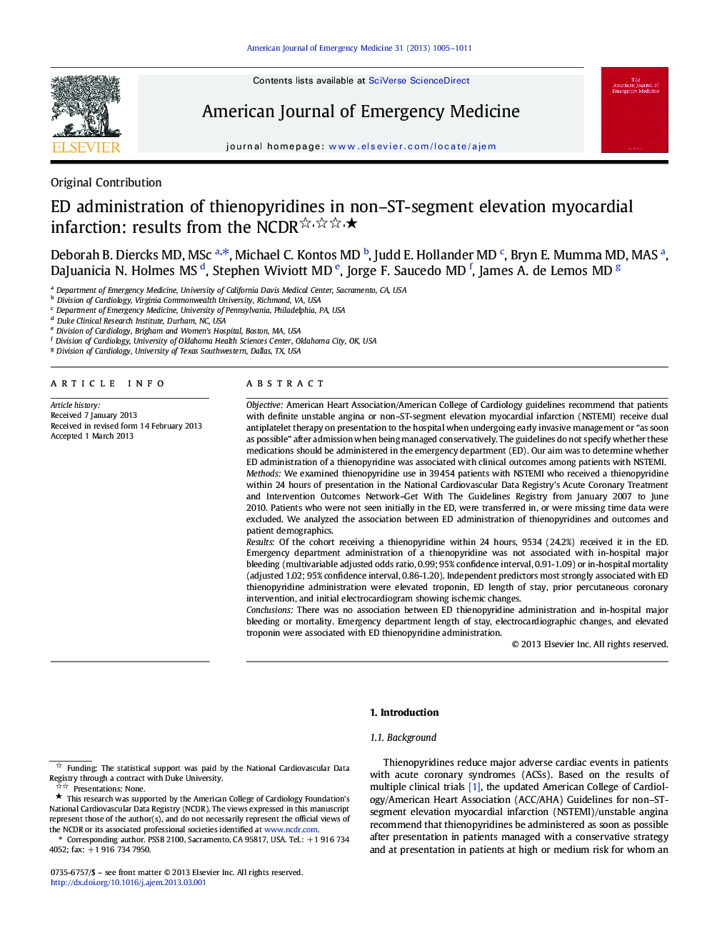 ED administration of thienopyridines in non-ST-segment elevation myocardial infarction: results from the NCDR