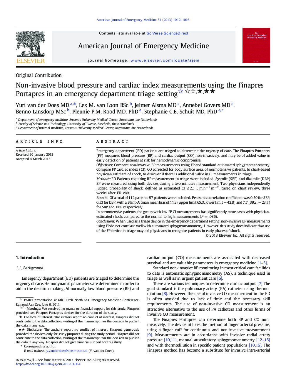 Non-invasive blood pressure and cardiac index measurements using the Finapres Portapres in an emergency department triage setting ★★★