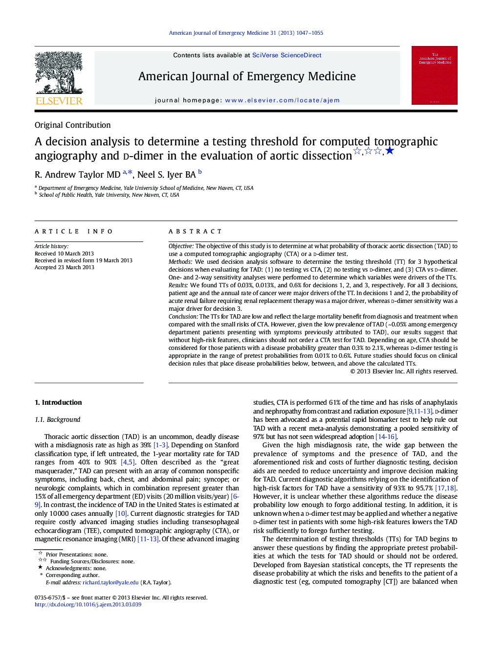 A decision analysis to determine a testing threshold for computed tomographic angiography and d-dimer in the evaluation of aortic dissection