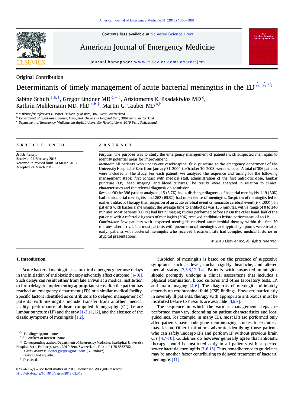 Determinants of timely management of acute bacterial meningitis in the ED 