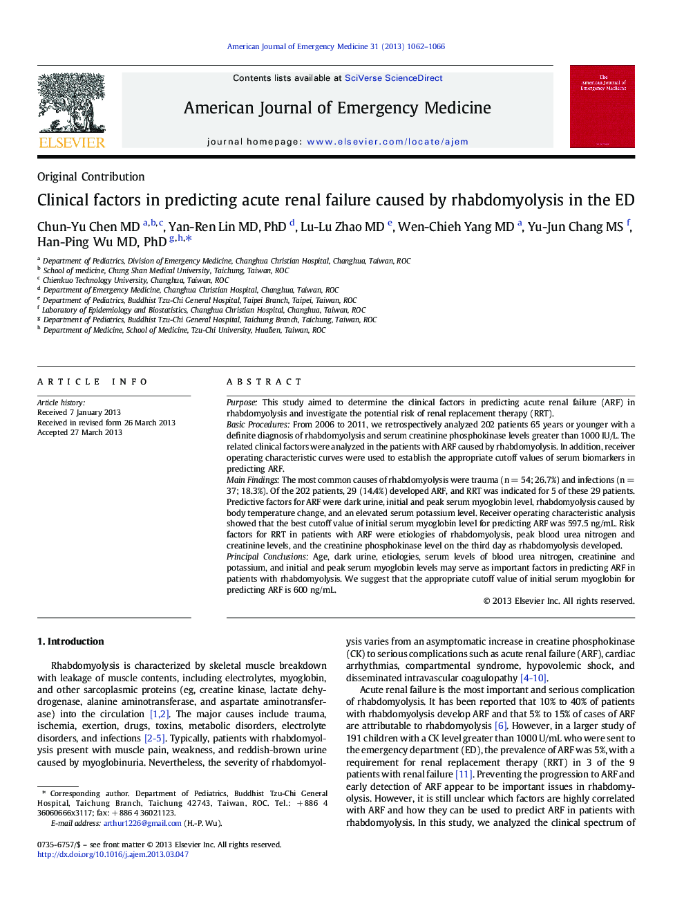 Clinical factors in predicting acute renal failure caused by rhabdomyolysis in the ED