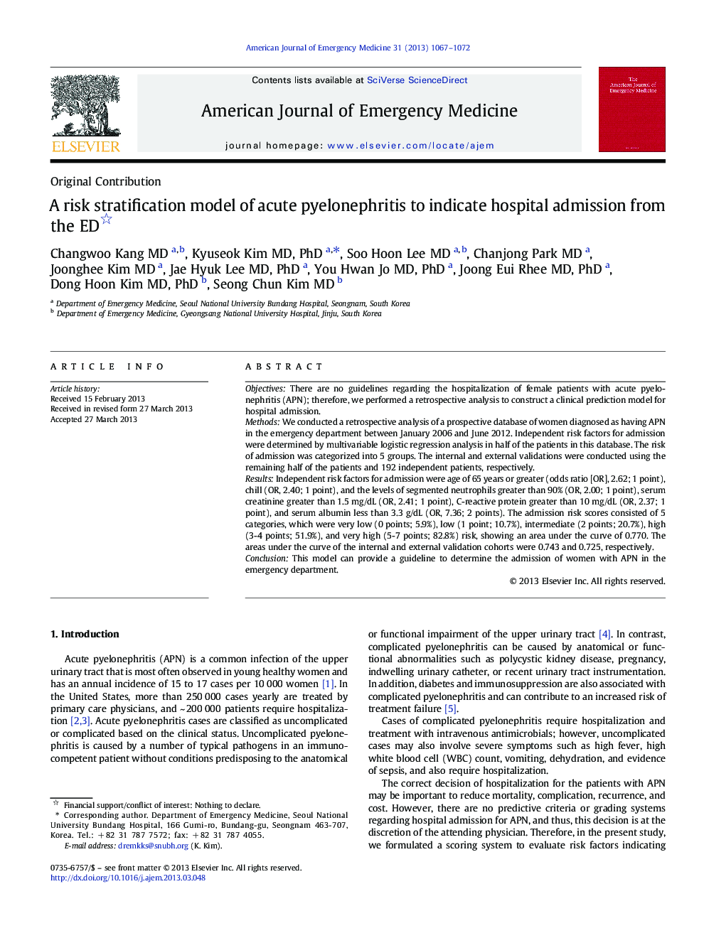 A risk stratification model of acute pyelonephritis to indicate hospital admission from the ED 