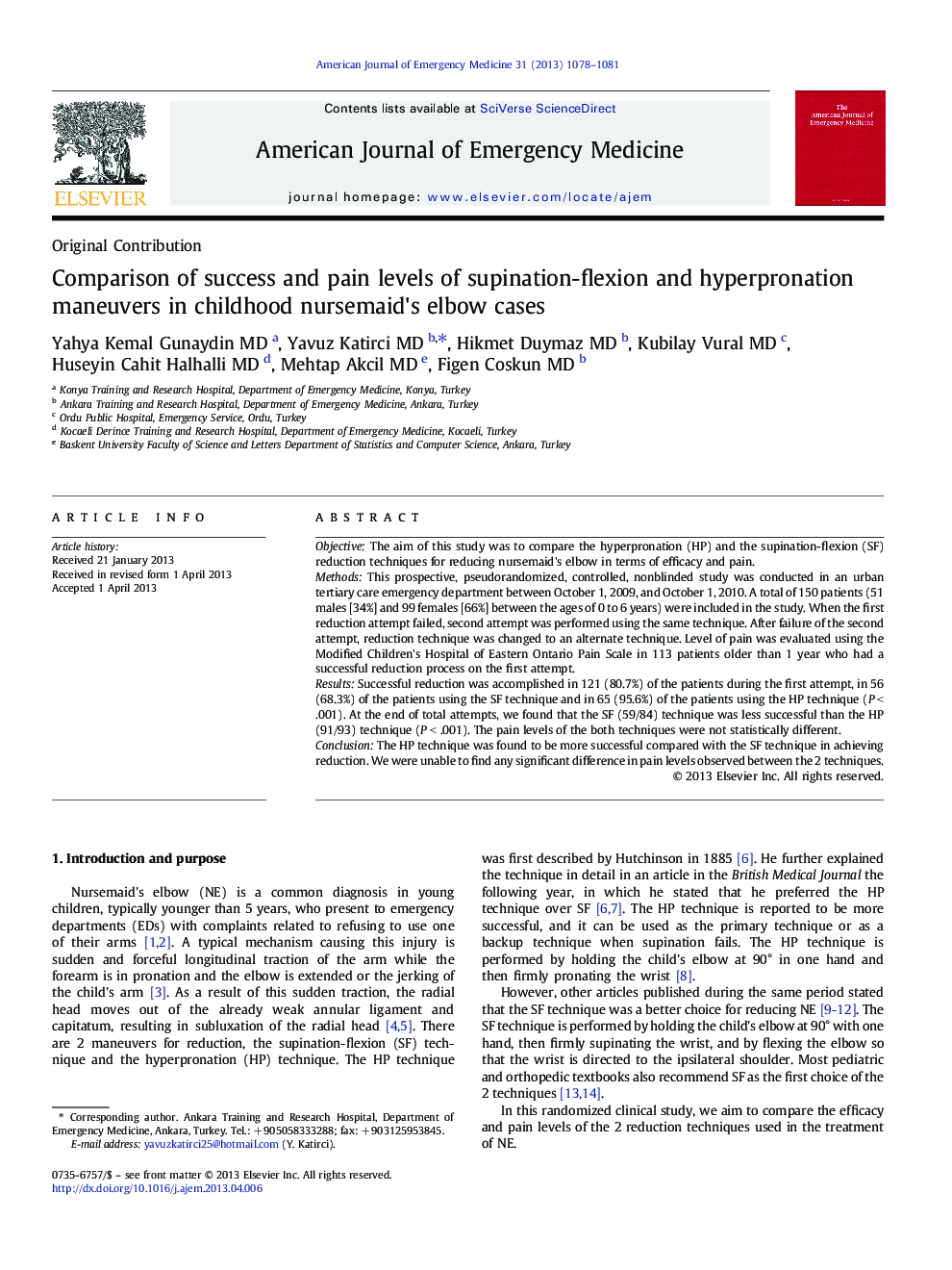 Comparison of success and pain levels of supination-flexion and hyperpronation maneuvers in childhood nursemaid's elbow cases