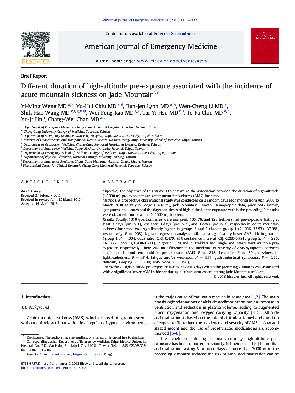 Different duration of high-altitude pre-exposure associated with the incidence of acute mountain sickness on Jade Mountain 