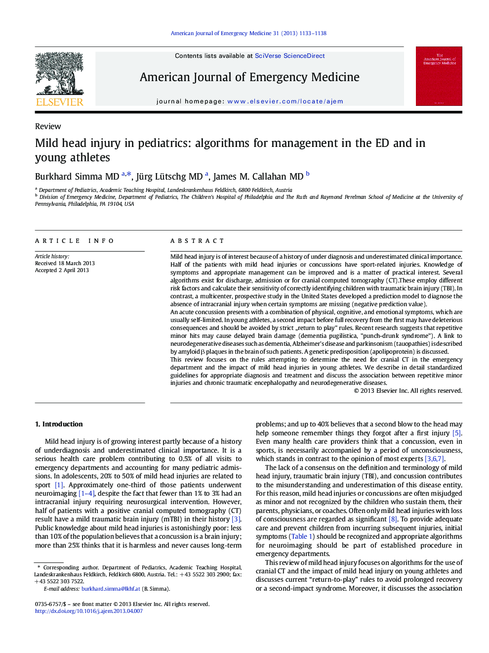 Mild head injury in pediatrics: algorithms for management in the ED and in young athletes