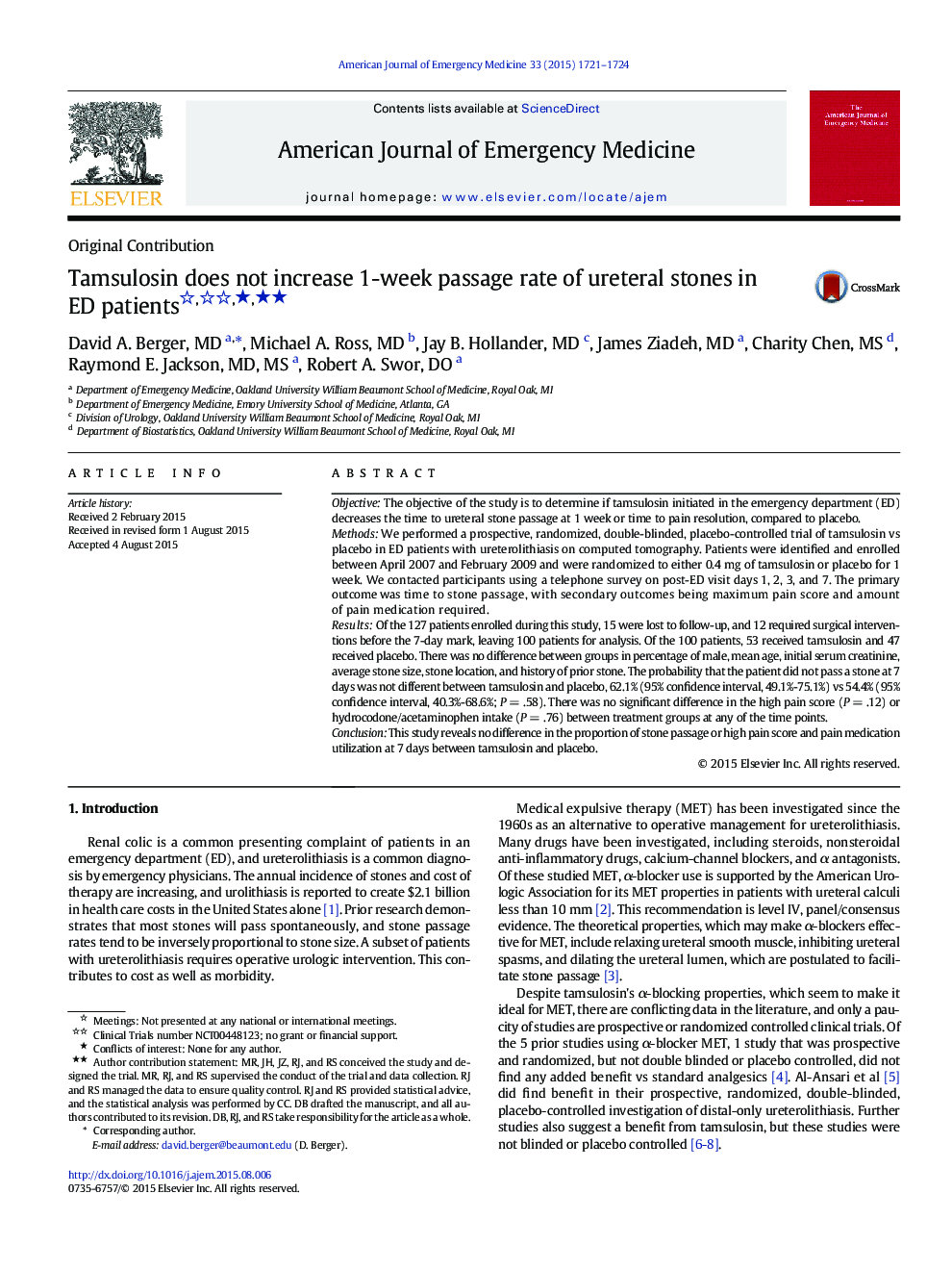 Tamsulosin does not increase 1-week passage rate of ureteral stones in ED patients ★★★