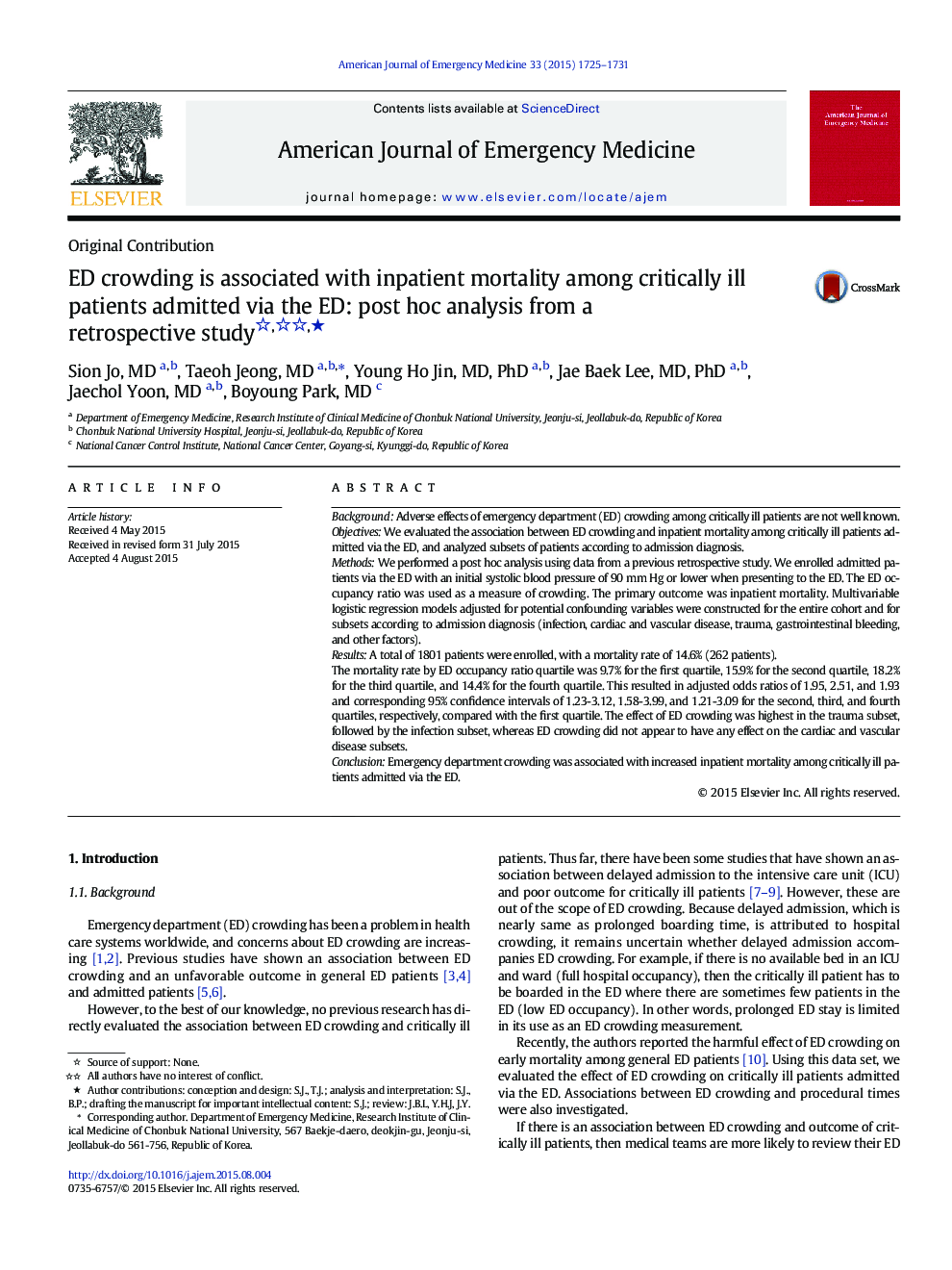 ED crowding is associated with inpatient mortality among critically ill patients admitted via the ED: post hoc analysis from a retrospective study ★