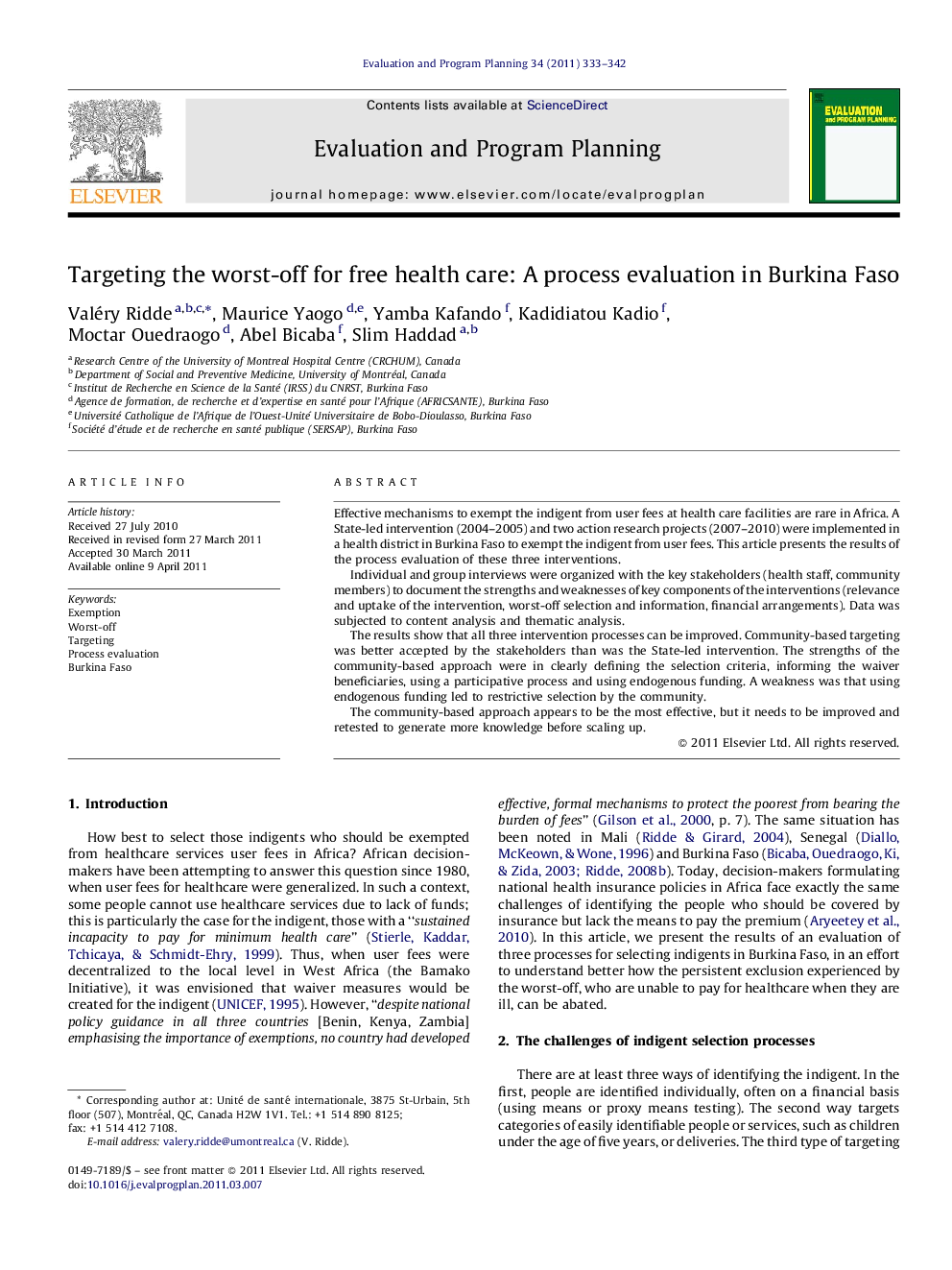 Targeting the worst-off for free health care: A process evaluation in Burkina Faso