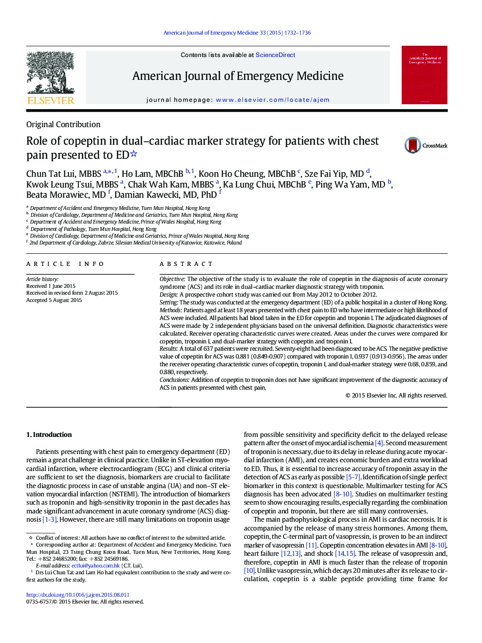 Role of copeptin in dual–cardiac marker strategy for patients with chest pain presented to ED 