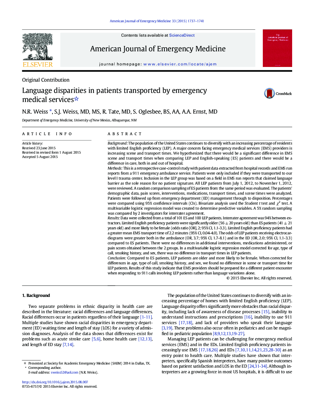 Language disparities in patients transported by emergency medical services 