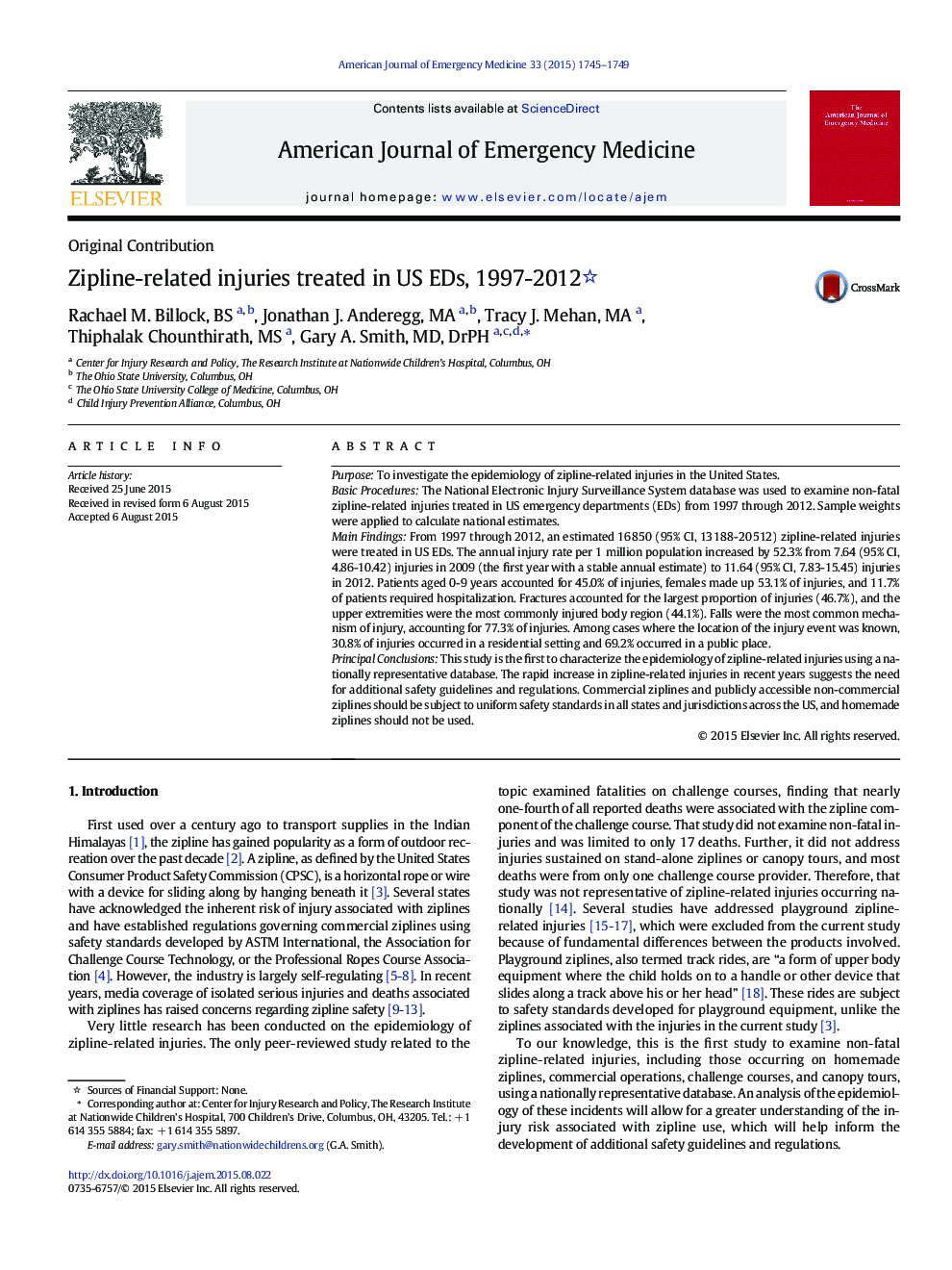 Zipline-related injuries treated in US EDs, 1997-2012 