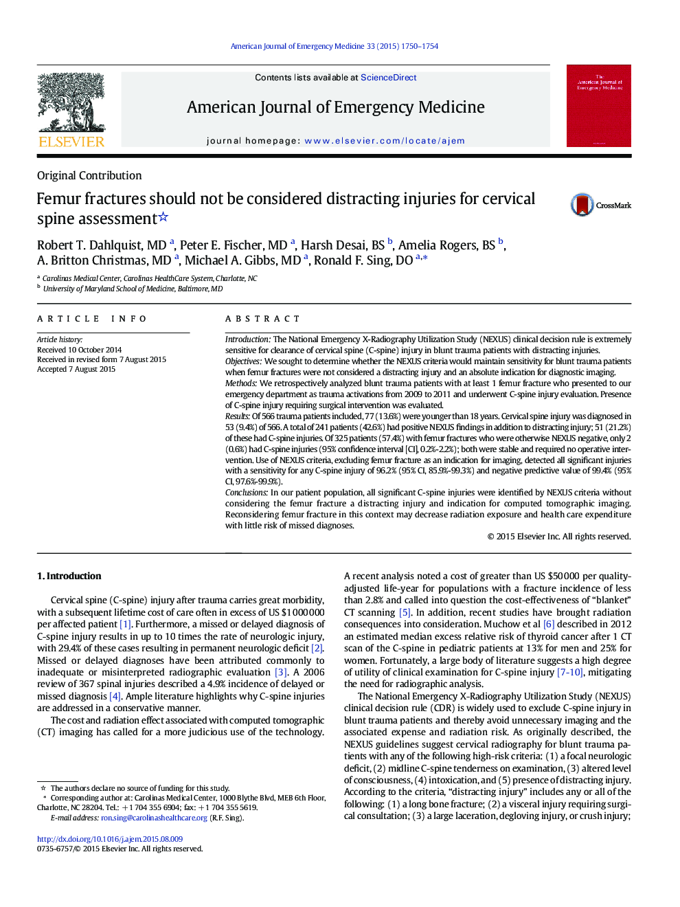 Femur fractures should not be considered distracting injuries for cervical spine assessment 