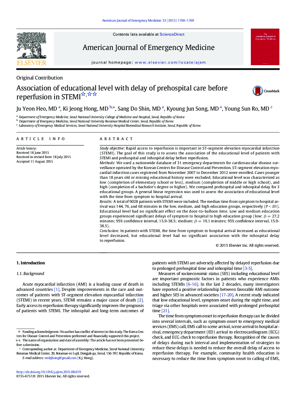 Association of educational level with delay of prehospital care before reperfusion in STEMI 