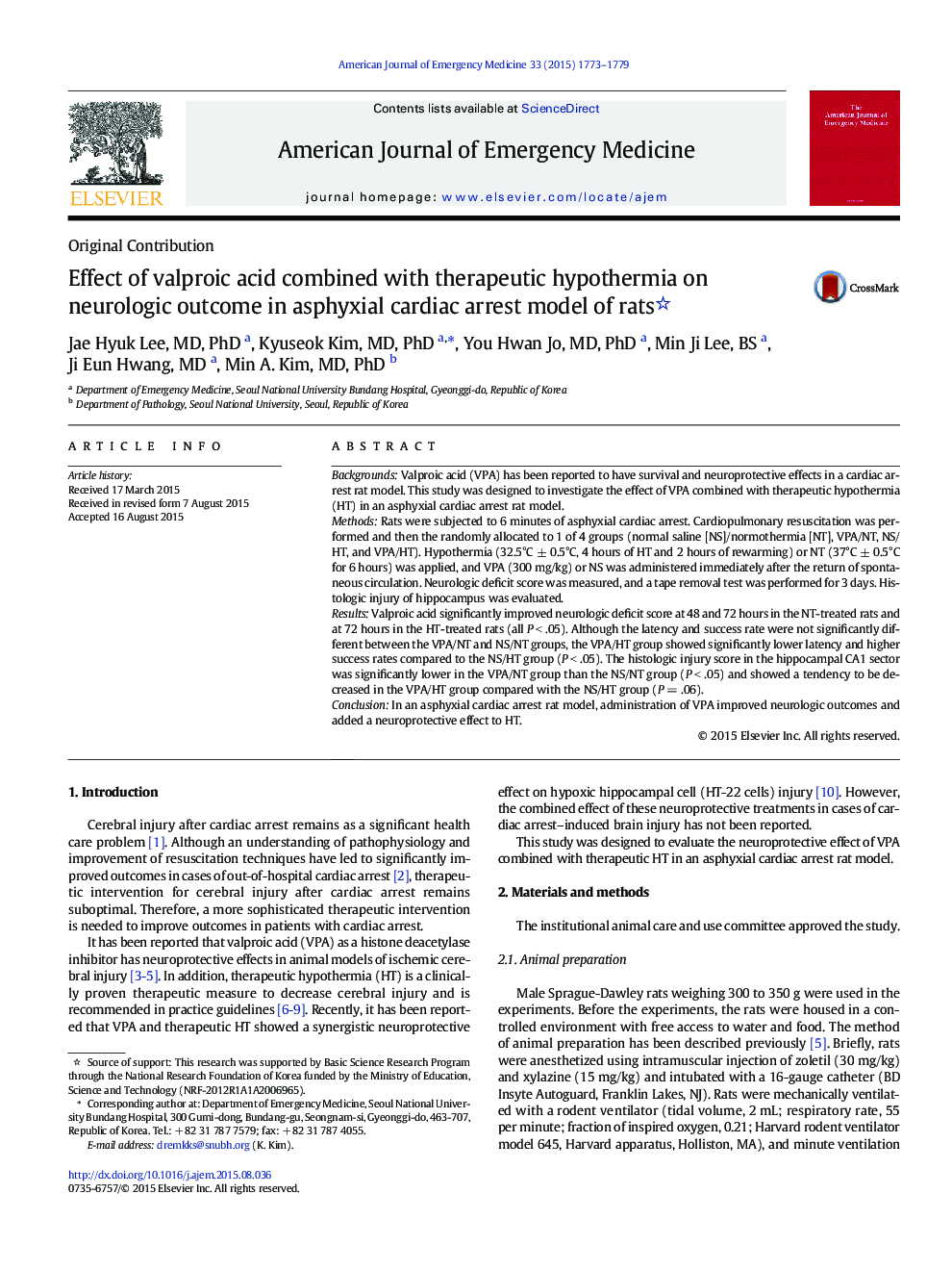 Effect of valproic acid combined with therapeutic hypothermia on neurologic outcome in asphyxial cardiac arrest model of rats 